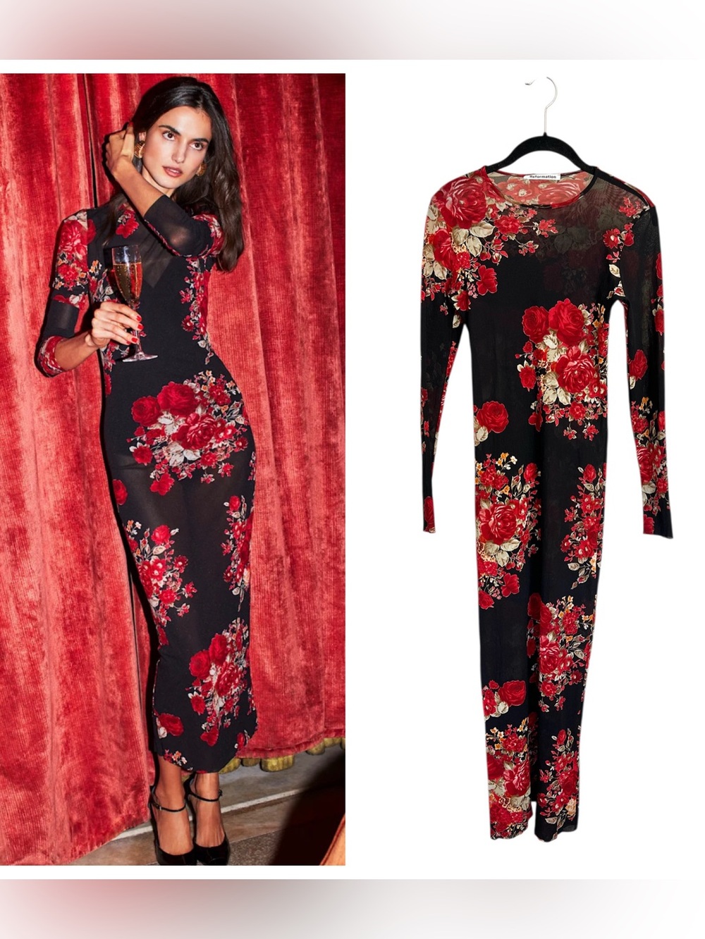 Reformation Niagara knit sheer mesh maxi dress black red roses S dark romantic